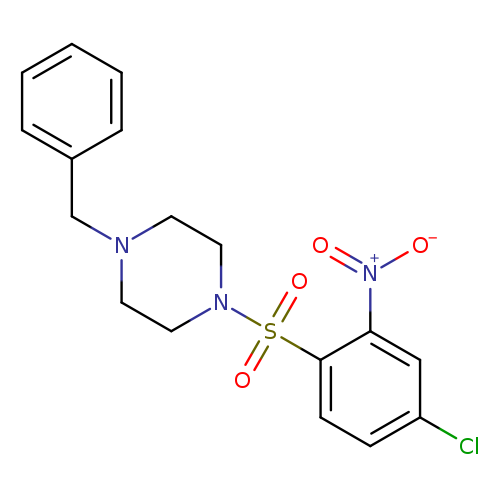 Clc1ccc(c(c1)[N+](=O)[O-])S(=O)(=O)N1CCN(CC1)Cc1ccccc1