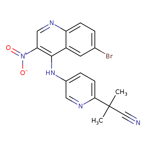 N#CC(c1ccc(cn1)Nc1c(cnc2c1cc(Br)cc2)[N+](=O)[O-])(C)C
