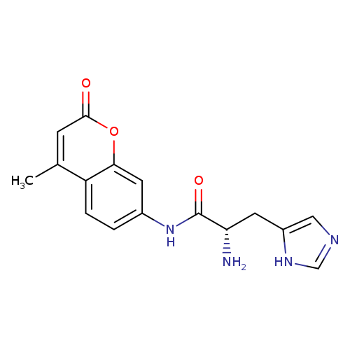 O=C([C@H](Cc1cnc[nH]1)N)Nc1ccc2c(c1)oc(=O)cc2C