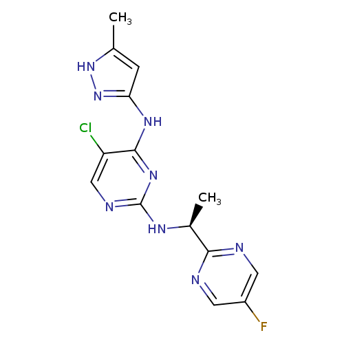 Fc1cnc(nc1)[C@@H](Nc1ncc(c(n1)Nc1n[nH]c(c1)C)Cl)C