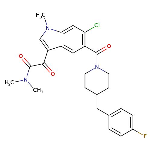 Fc1ccc(cc1)CC1CCN(CC1)C(=O)c1cc2c(cn(c2cc1Cl)C)C(=O)C(=O)N(C)C