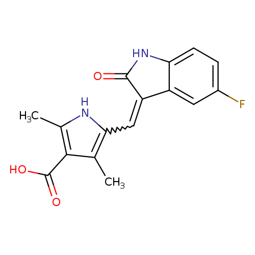 Fc1ccc2c(c1)C(=Cc1[nH]c(c(c1C)C(=O)O)C)C(=O)N2