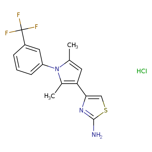 Nc1scc(n1)c1cc(n(c1C)c1cccc(c1)C(F)(F)F)C.Cl