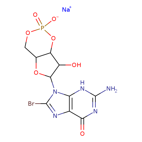 OC1C2OP(=O)([O-])OCC2OC1n1c(Br)nc2c1[nH]c(N)nc2=O.[Na+]