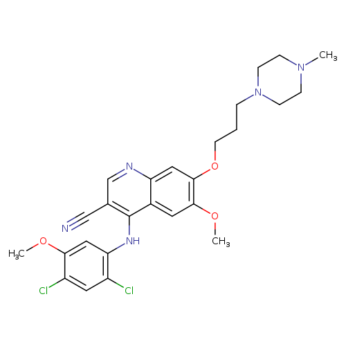 COc1cc2c(cc1OCCCN1CCN(CC1)C)ncc(c2Nc1cc(OC)c(cc1Cl)Cl)C#N
