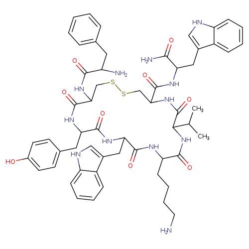 NCCCCC1NC(=O)C(NC(=O)C(Cc2ccc(cc2)O)NC(=O)C(CSSCC(NC(=O)C(NC1=O)C(C)C)C(=O)NC(C(=O)N)Cc1c[nH]c2c1cccc2)NC(=O)C(Cc1ccccc1)N)Cc1c[nH]c2c1cccc2