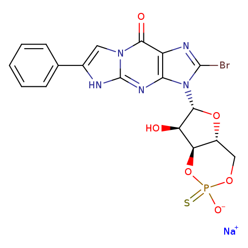O[C@@H]1[C@@H]2OP(=S)([O-])OC[C@H]2O[C@H]1n1c(Br)nc2c1nc1[nH]c(cn1c2=O)c1ccccc1.[Na+]