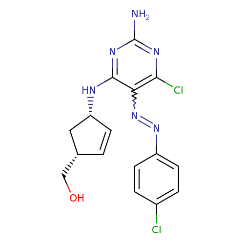 OC[C@H]1C=C[C@H](C1)Nc1nc(N)nc(c1N=Nc1ccc(cc1)Cl)Cl
