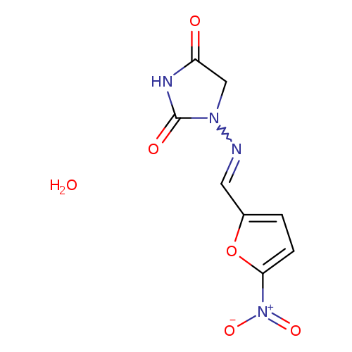 O=C1NC(=O)N(C1)N=Cc1ccc(o1)[N+](=O)[O-].O