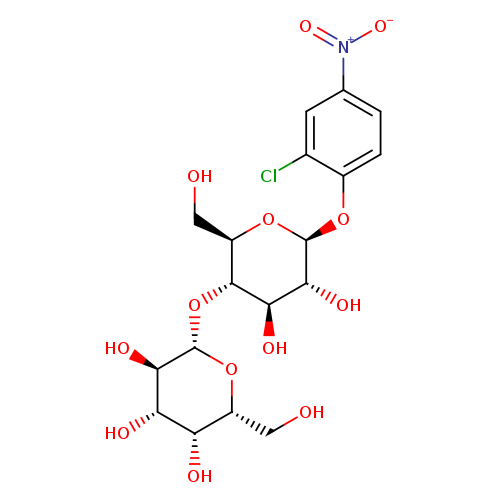 OC[C@H]1O[C@@H](Oc2ccc(cc2Cl)[N+](=O)[O-])[C@@H]([C@H]([C@@H]1O[C@@H]1O[C@H](CO)[C@@H]([C@@H]([C@H]1O)O)O)O)O