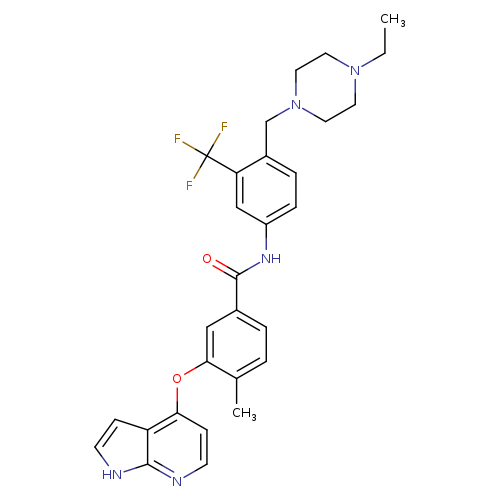 CCN1CCN(CC1)Cc1ccc(cc1C(F)(F)F)NC(=O)c1ccc(c(c1)Oc1ccnc2c1cc[nH]2)C