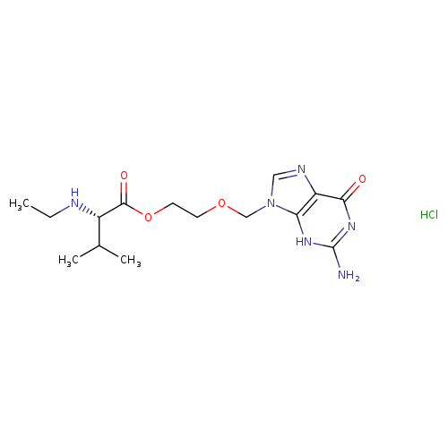 CCN[C@H](C(=O)OCCOCn1cnc2c1[nH]c(N)nc2=O)C(C)C.Cl