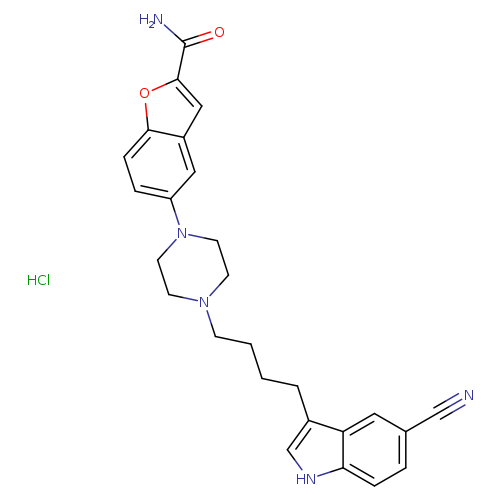 N#Cc1ccc2c(c1)c(CCCCN1CCN(CC1)c1ccc3c(c1)cc(o3)C(=O)N)c[nH]2.Cl