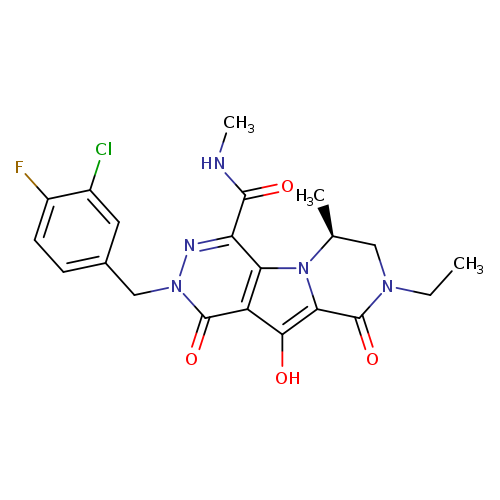 CCN1C[C@H](C)n2c(C1=O)c(O)c1c2c(nn(c1=O)Cc1ccc(c(c1)Cl)F)C(=O)NC