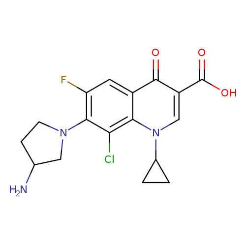 NC1CCN(C1)c1c(F)cc2c(c1Cl)n(cc(c2=O)C(=O)O)C1CC1