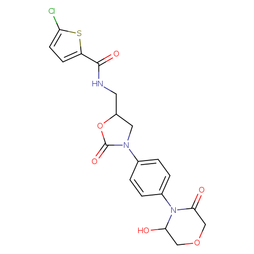 O=C1OC(CN1c1ccc(cc1)N1C(O)COCC1=O)CNC(=O)c1ccc(s1)Cl