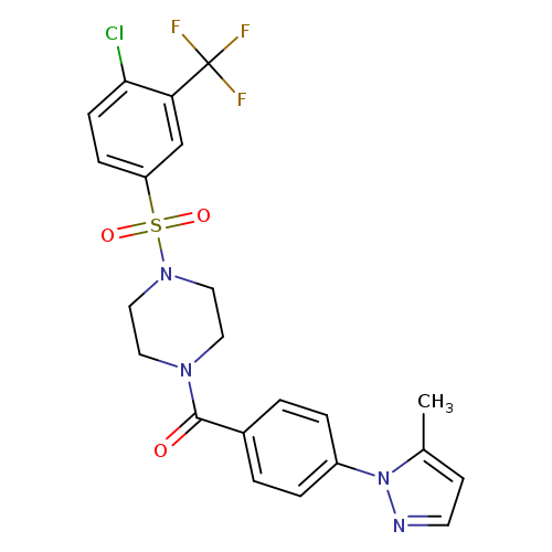O=C(c1ccc(cc1)n1nccc1C)N1CCN(CC1)S(=O)(=O)c1ccc(c(c1)C(F)(F)F)Cl