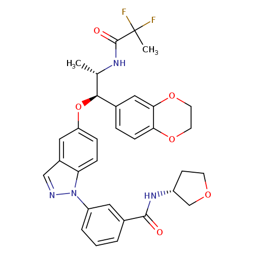 C[C@@H]([C@@H](c1ccc2c(c1)OCCO2)Oc1ccc2c(c1)cnn2c1cccc(c1)C(=O)N[C@H]1COCC1)NC(=O)C(F)(F)C
