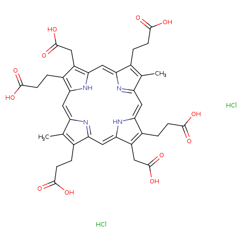 OC(=O)CCC1=C(C)C2=Cc3[nH]c(c(c3CCC(=O)O)CC(=O)O)C=C3N=C(C=c4[nH]c(=CC1=N2)c(CC(=O)O)c4CCC(=O)O)C(=C3CCC(=O)O)C.Cl.Cl