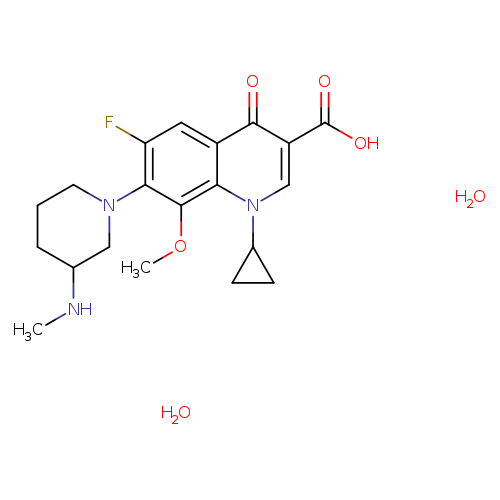 CNC1CCCN(C1)c1c(F)cc2c(c1OC)n(cc(c2=O)C(=O)O)C1CC1.O.O