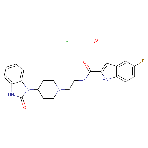 Fc1ccc2c(c1)cc([nH]2)C(=O)NCCN1CCC(CC1)n1c(=O)[nH]c2c1cccc2.O.Cl