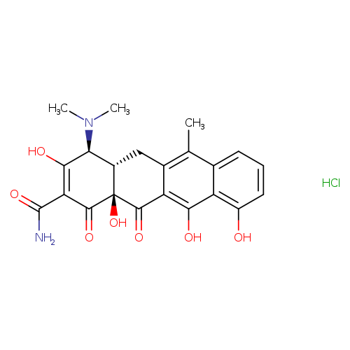 CN([C@@H]1C(=C(C(=O)N)C(=O)[C@@]2([C@H]1Cc1c(C2=O)c(O)c2c(c1C)cccc2O)O)O)C.Cl