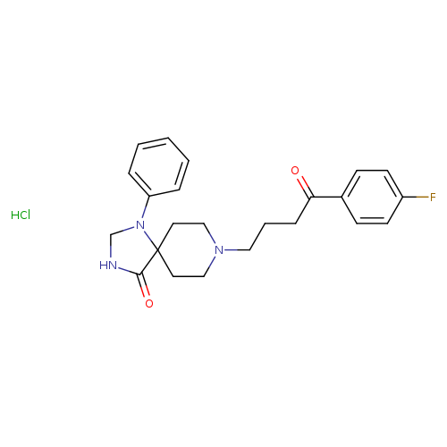 Fc1ccc(cc1)C(=O)CCCN1CCC2(CC1)C(=O)NCN2c1ccccc1.Cl