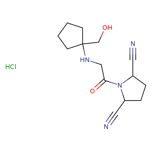 N#CC1CCC(N1C(=O)CNC1(CO)CCCC1)C#N.Cl