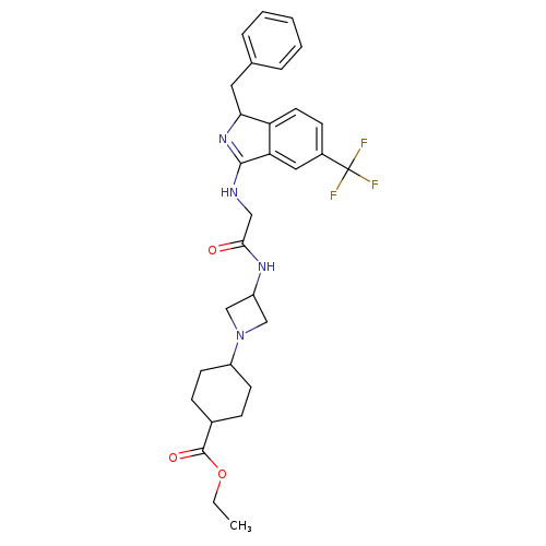 CCOC(=O)C1CCC(CC1)N1CC(C1)NC(=O)CNC1=NC(c2c1cc(cc2)C(F)(F)F)Cc1ccccc1