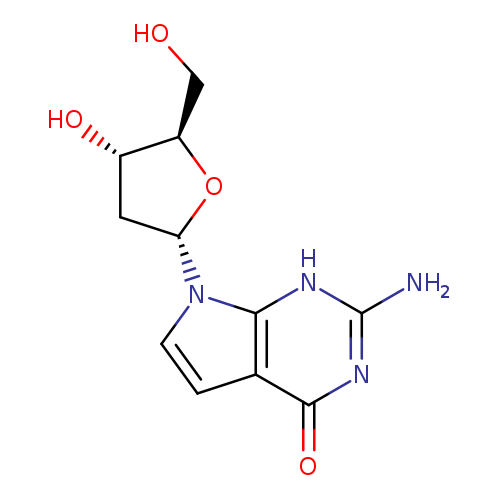 OC[C@H]1O[C@@H](C[C@@H]1O)n1ccc2c1[nH]c(N)nc2=O