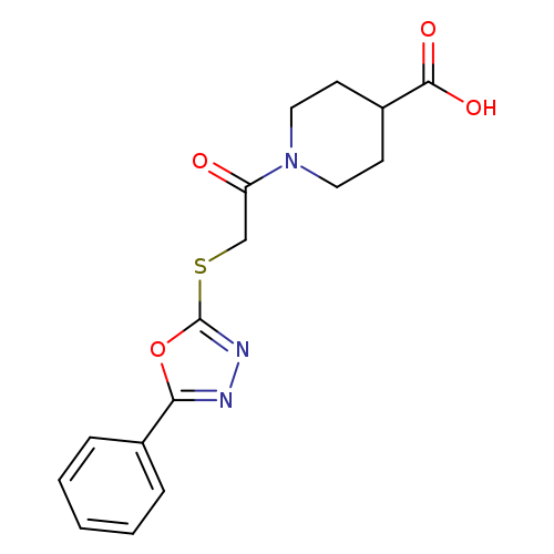 O=C(N1CCC(CC1)C(=O)O)CSc1nnc(o1)c1ccccc1