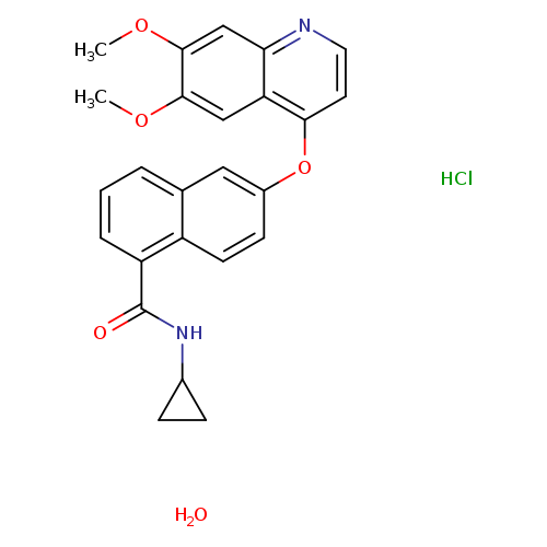 COc1cc2c(ccnc2cc1OC)Oc1ccc2c(c1)cccc2C(=O)NC1CC1.O.Cl