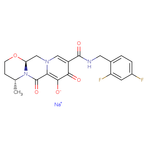 Fc1ccc(c(c1)F)CNC(=O)c1cn2C[C@@H]3OCC[C@H](N3C(=O)c2c(c1=O)[O-])C.[Na+]
