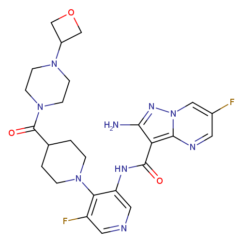 Fc1cnc2n(c1)nc(c2C(=O)Nc1cncc(c1N1CCC(CC1)C(=O)N1CCN(CC1)C1COC1)F)N