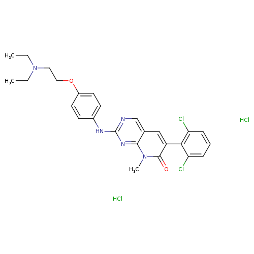 CCN(CCOc1ccc(cc1)Nc1ncc2c(n1)n(C)c(=O)c(c2)c1c(Cl)cccc1Cl)CC.Cl.Cl