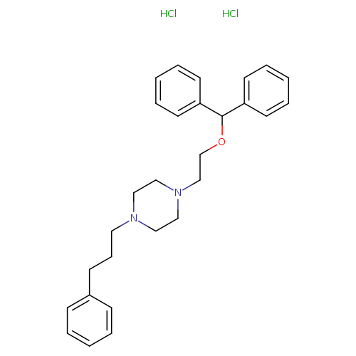 c1ccc(cc1)CCCN1CCN(CC1)CCOC(c1ccccc1)c1ccccc1.Cl.Cl