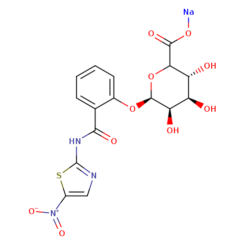 [Na]OC(=O)C1O[C@H](Oc2ccccc2C(=O)Nc2ncc(s2)[N+](=O)[O-])[C@@H]([C@@H]([C@H]1O)O)O