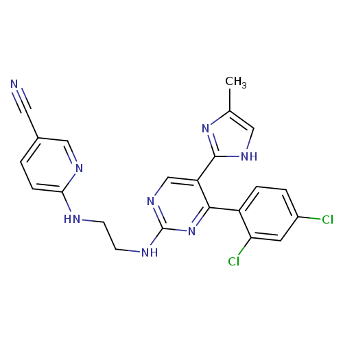 N#Cc1ccc(nc1)NCCNc1ncc(c(n1)c1ccc(cc1Cl)Cl)c1[nH]cc(n1)C