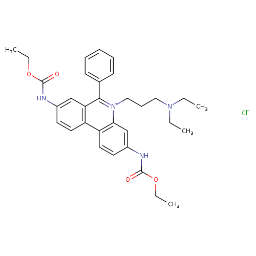 CCOC(=O)Nc1ccc2c(c1)[n+](CCCN(CC)CC)c(c1c2ccc(c1)NC(=O)OCC)c1ccccc1.[Cl-]