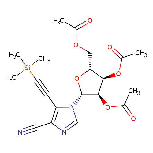 N#Cc1ncn(c1C#C[Si](C)(C)C)[C@@H]1O[C@@H]([C@H]([C@H]1OC(=O)C)OC(=O)C)COC(=O)C