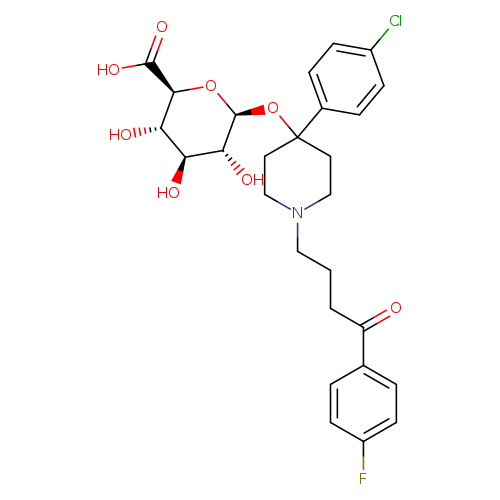 OC(=O)[C@H]1O[C@@H](OC2(CCN(CC2)CCCC(=O)c2ccc(cc2)F)c2ccc(cc2)Cl)[C@@H]([C@H]([C@@H]1O)O)O