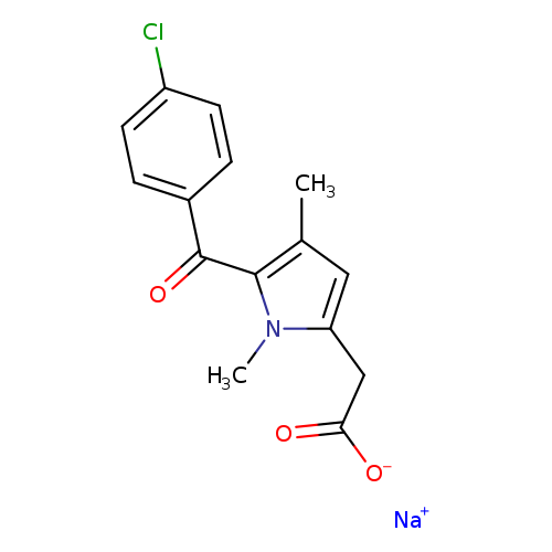 [O-]C(=O)Cc1cc(c(n1C)C(=O)c1ccc(cc1)Cl)C.[Na+]