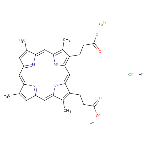 [O-]C(=O)CCc1c2=Cc3[n-]c(c(c3CCC(=O)[O-])C)C=C3N=C(C=C4N=C(C=c(c1C)[n-]2)C=C4C)C=C3C.[Cl-].[Fe+3].[H+].[H+]