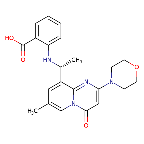 Cc1cc([C@H](Nc2ccccc2C(=O)O)C)c2n(c1)c(=O)cc(n2)N1CCOCC1