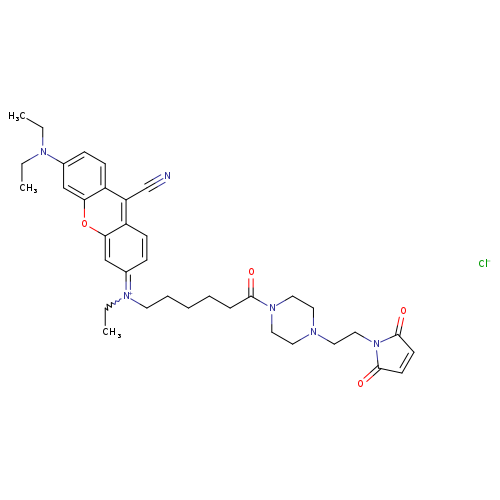 CCN(c1ccc2c(c1)oc1c(c2C#N)ccc(=[N+](CCCCCC(=O)N2CCN(CC2)CCN2C(=O)C=CC2=O)CC)c1)CC.[Cl-]
