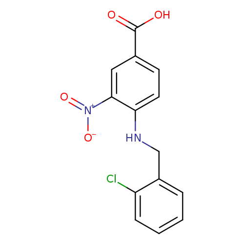[O-][N+](=O)c1cc(ccc1NCc1ccccc1Cl)C(=O)O