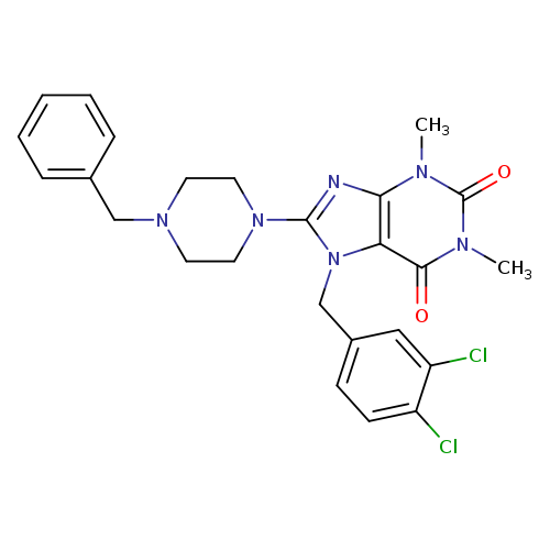 Clc1ccc(cc1Cl)Cn1c(nc2c1c(=O)n(c(=O)n2C)C)N1CCN(CC1)Cc1ccccc1