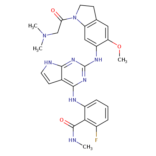 CNC(=O)c1c(cccc1F)Nc1nc(Nc2cc3c(cc2OC)CCN3C(=O)CN(C)C)nc2c1cc[nH]2