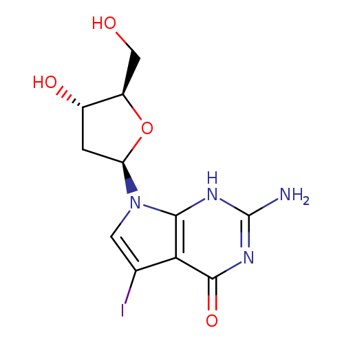 OC[C@H]1O[C@H](C[C@@H]1O)n1cc(c2c1[nH]c(N)nc2=O)I