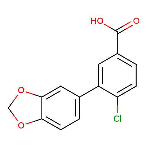 OC(=O)c1ccc(c(c1)c1ccc2c(c1)OCO2)Cl